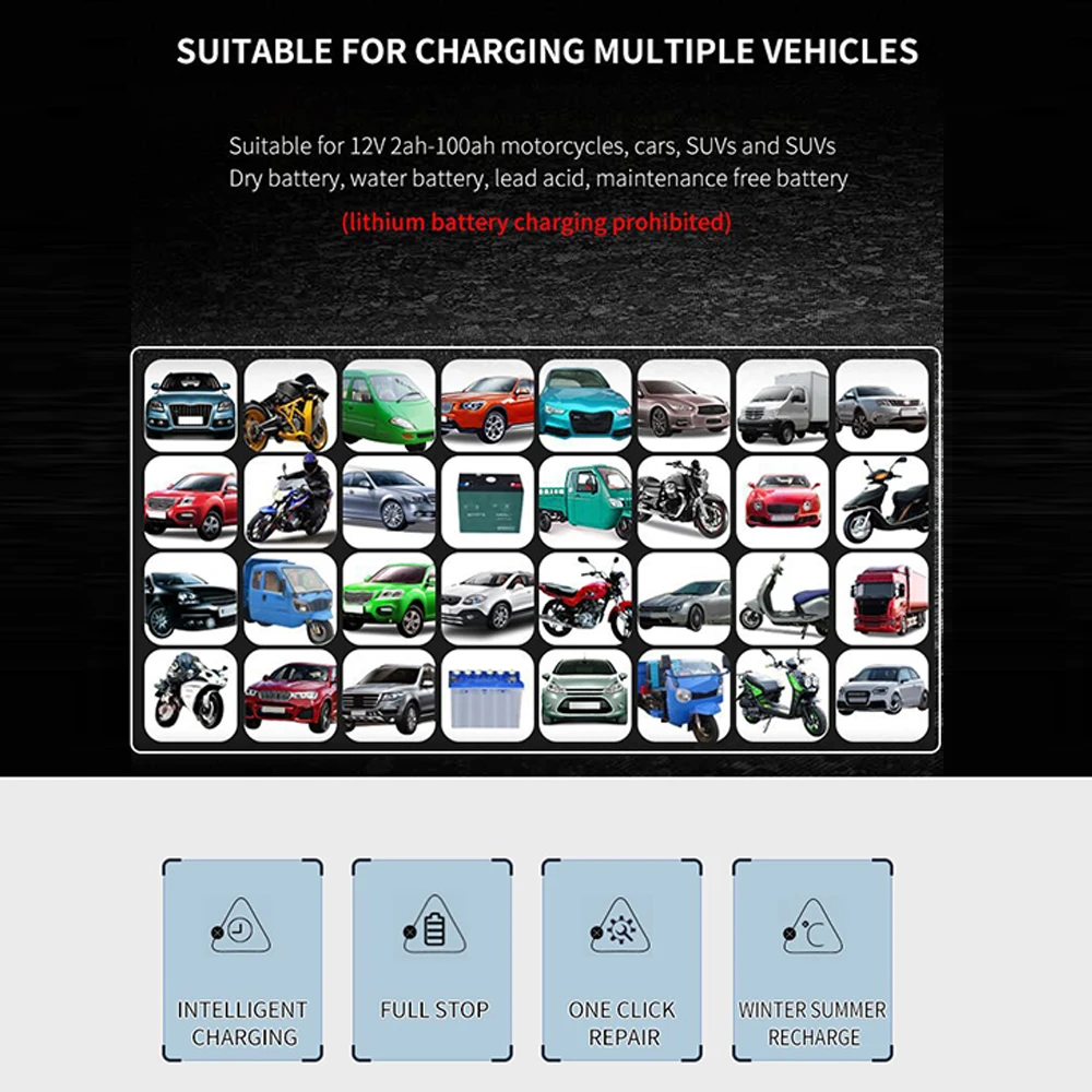 Car Battery Charger Full Automatic 12V 6A Intelligent Fast Charging Pulse Repair Charger for Agm Gel Wet Lead Acid Lcd Display