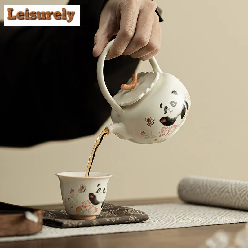 176ML Cream Ding Kiln Panda Play Butterfly Lifting Beam Teapot Handmade Tea Infuser Pot Tea Making Kettle With Filter Ornaments