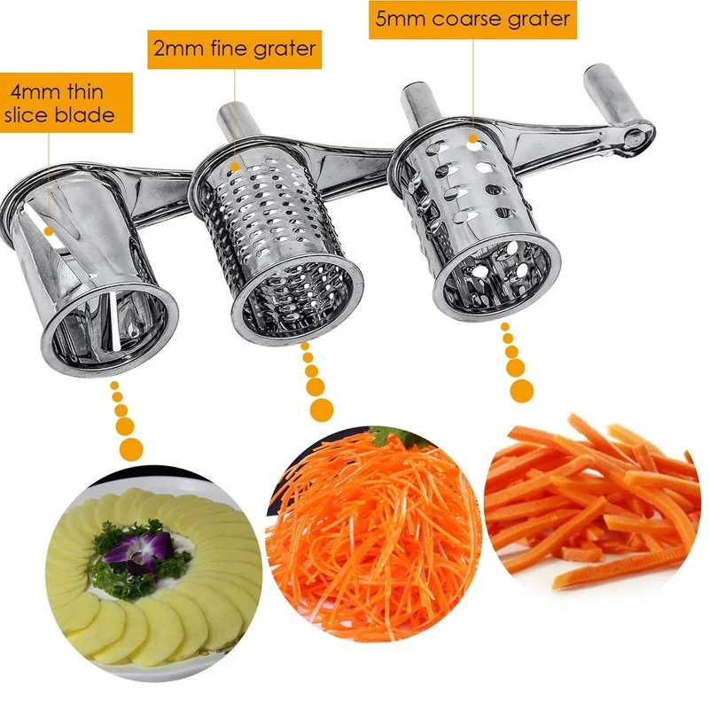 3 In 1 Rotary Cheese Grater, Stainless Steel Handheld Parmesan Cheese  Grater Shredder Slicer with 3 Interchanging Blades