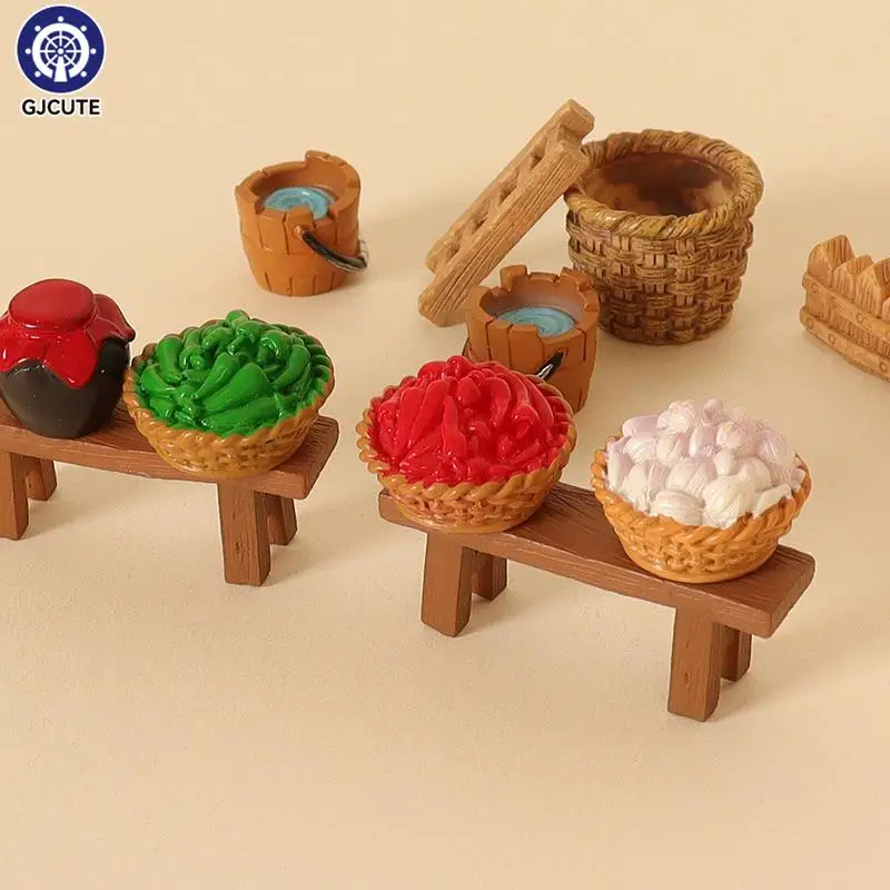 

1Set 1:12 Dollhouse Miniature Vegetable Wine Jar Bench Basket Ldder Fence Kitchen Model Decor Toy Doll House Accessories