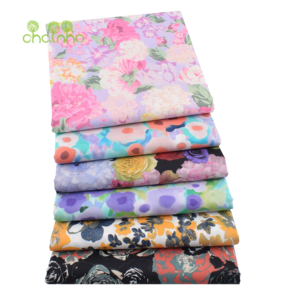 Chainho,Printed Plain Weave Poplin Cotton Fabric,DIY Quilting Sewing Material,Patchwork Cloth,Floral Series,3 Sizes,15PC146