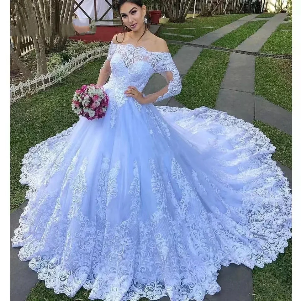 

Beautiful Lace Appliques Wedding Dress Sweep Train Off the Shoulder Garden Vestidos De Noiva Ballgown Bridal Gown