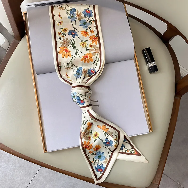 Frühling/Sommer Mode Stirnbänder für Frauen Blumendruck Leichter Schal Streamer Weiches Satin Halstuch Eleganter Haarschal – Detail 6