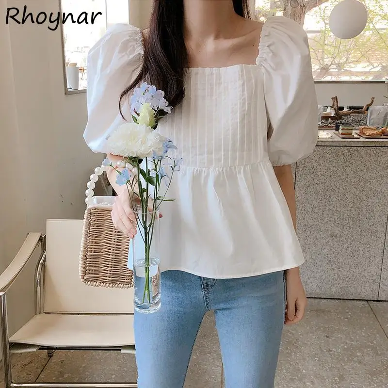 

Blouses Women Tender Girlish Sweet Square Collar Students Casual Korean Style Holiday Daily Summer Clothes Folds New Puff Sleeve