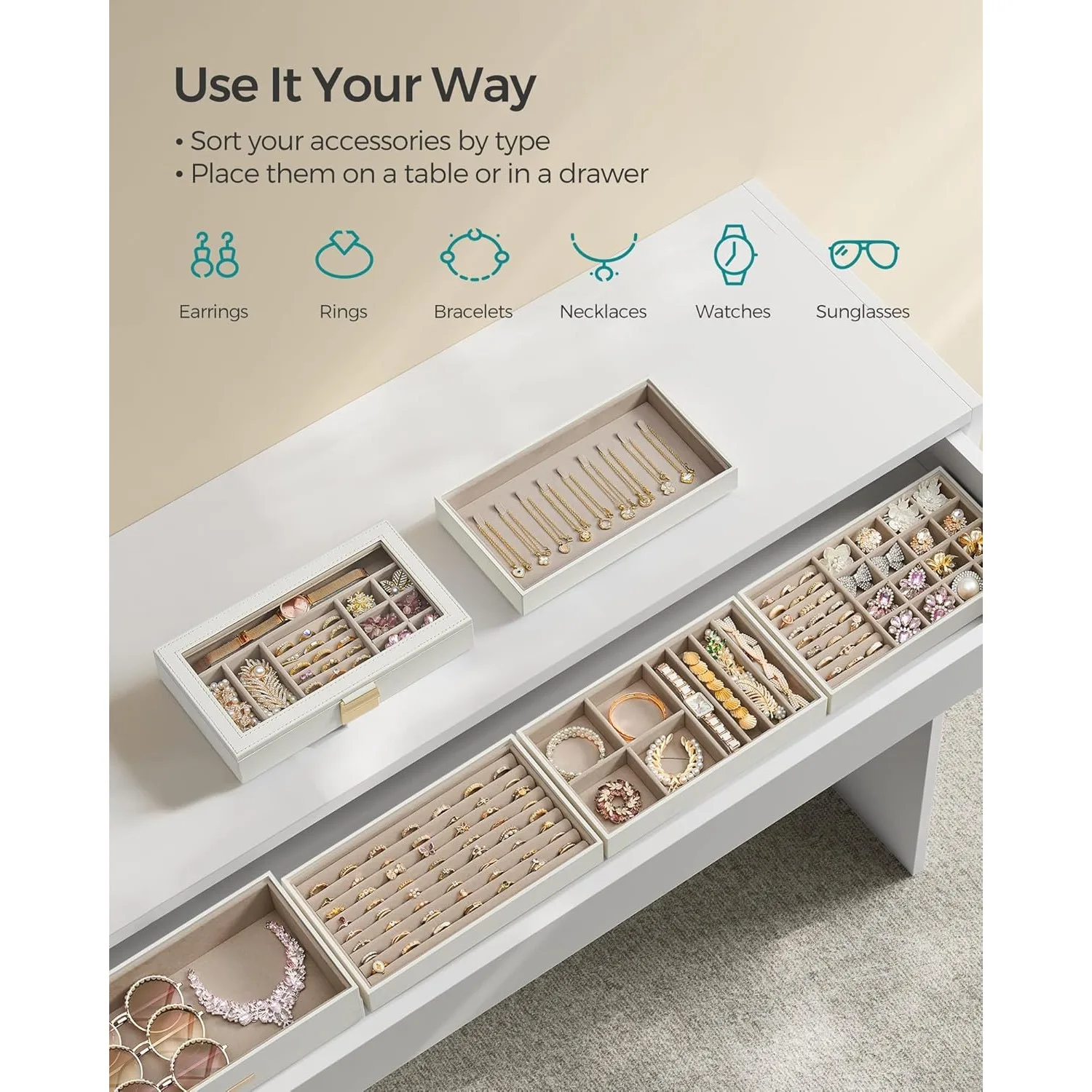 Stackable Jewelry Trays, 6-Tier Jewelry Box, Drawer Jewelry Organizer, with Glass Lid, Removable Dividers,6.7 x 11 x 10 Inches 3