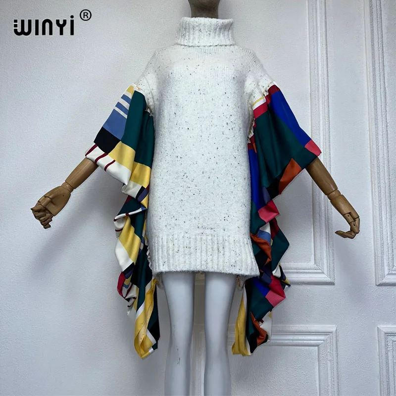 

WINYI зимняя с высоким воротником Удобная теплая вязаная кафтан элегантная африканская Женская одежда в стиле бохо зимняя одежда для женщин Кафтан