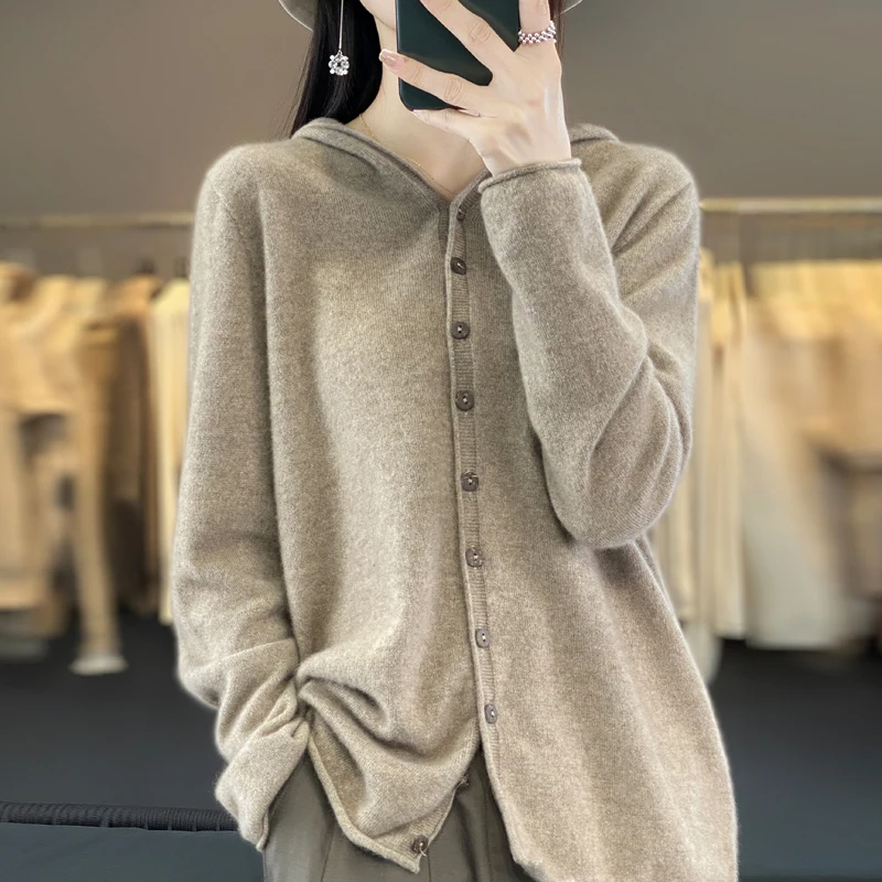 Fall/Winter 2024 New 100% Merino Sweater Women's Hooded Cardigan Loose Sweater Long Sleeve Button Knitted Sweater Jacket 3