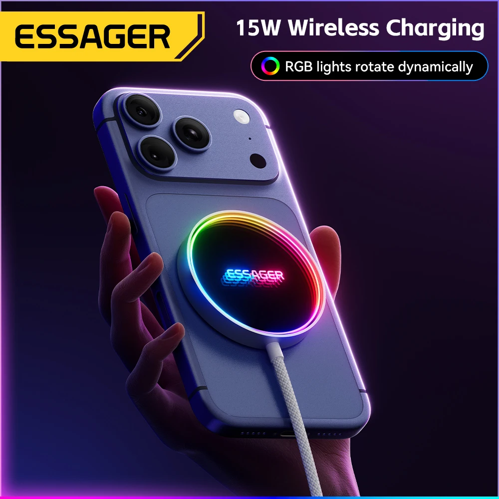 ESSAGER 15W Magnetic Wireless Charger RGB Fast Charging Phone Charger for iPhone 16 15 14 13 Pro for Macsafe Phone Charging Dock