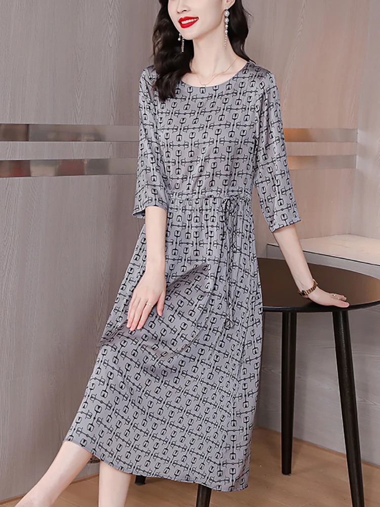 

Women Print Plaid Silk Satin Midi Dress Spring Summer New Elegant Bodycon Party Vestidos 2024 Korean Vintage Luxury Night Dress