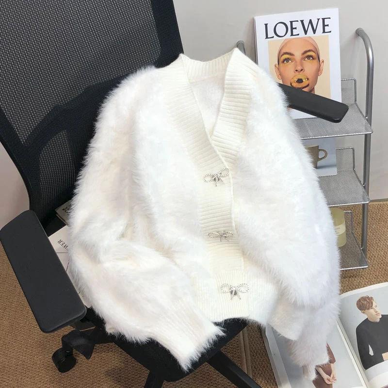 여성용 우아한 니트 가디건, 모조 밍크 크롭 스웨터 코트, 스위트 활 니트웨어, 한국 V넥 소프트 캐주얼 점퍼 탑, 신상