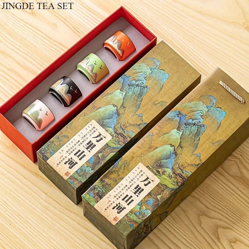 Chinese Style Remote Mountain Hand-painted High-end Ceramic Tea Cup, Master Cup Gift, Tea Set Gift Box 4PCS/SET