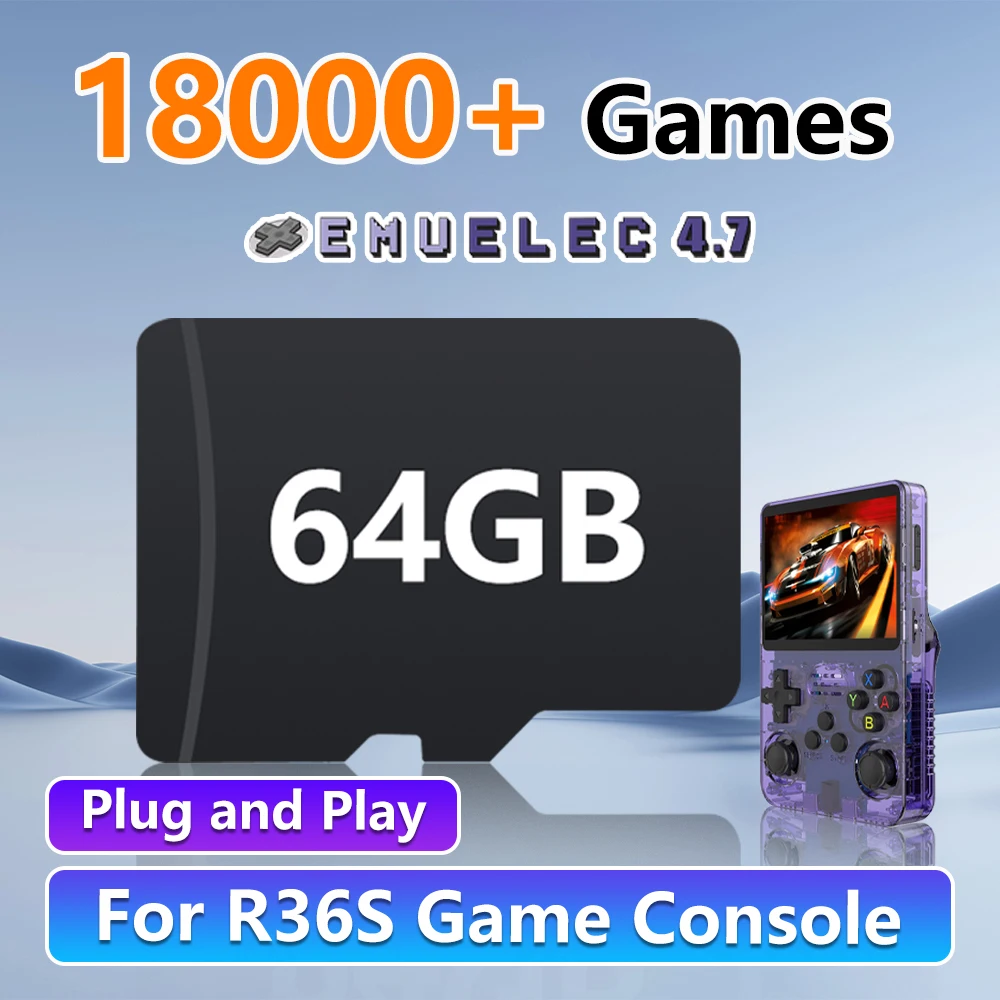 Scheda di gioco da 64 GB per console di gioco retrò R36S Sistema operativo Emuelec 4.7 con 18494 giochi e 26 emulatori per PSP/PS1/N64/NES/SNES Plug and Play