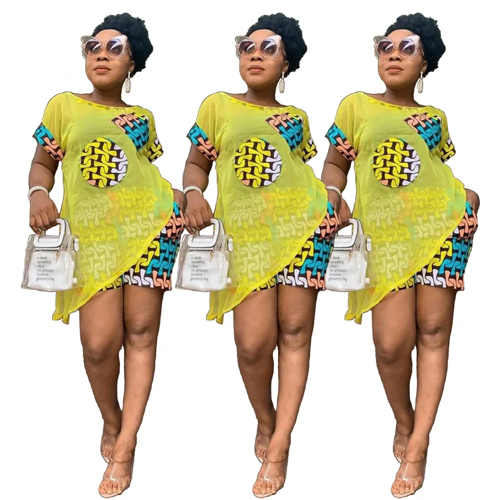 2023 New Fashion Women Summer Women Chiffon Splicing Irregular T-shirt Print Shorts Suit Two Piece Set Sporty Tracksuit Outfits