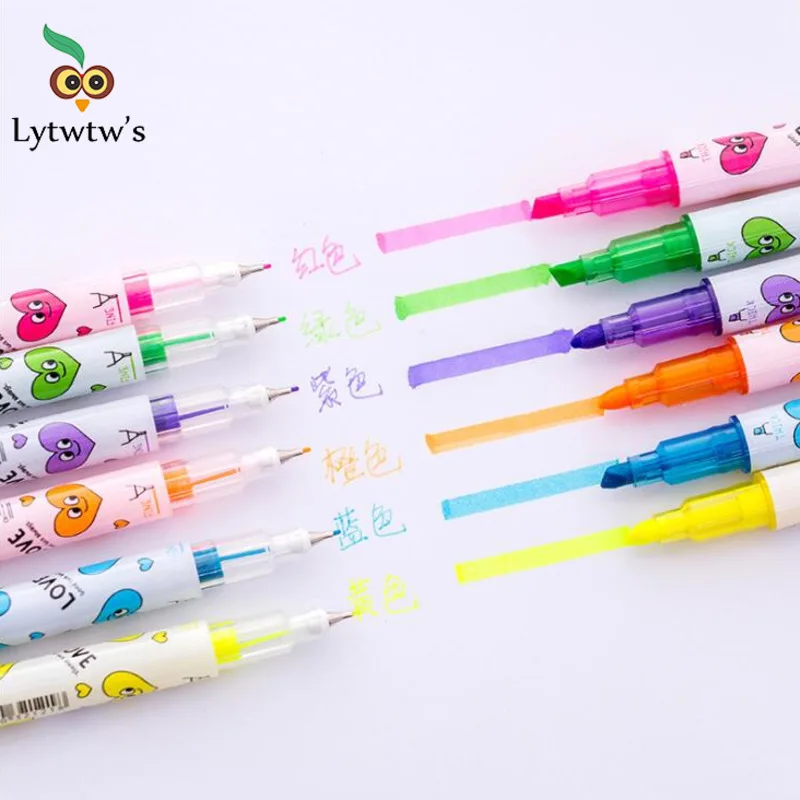 6pcs/set Cartoon stationery Colorful Heart Double Headed Fluorescent Pen Hook Highlighter Color Marker Pen Cute graffiti paint highlighter pen marker pen highlighter marker