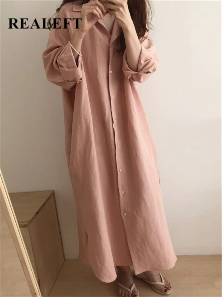 

Женское однобортное платье-рубашка с длинным рукавом, свободного покроя