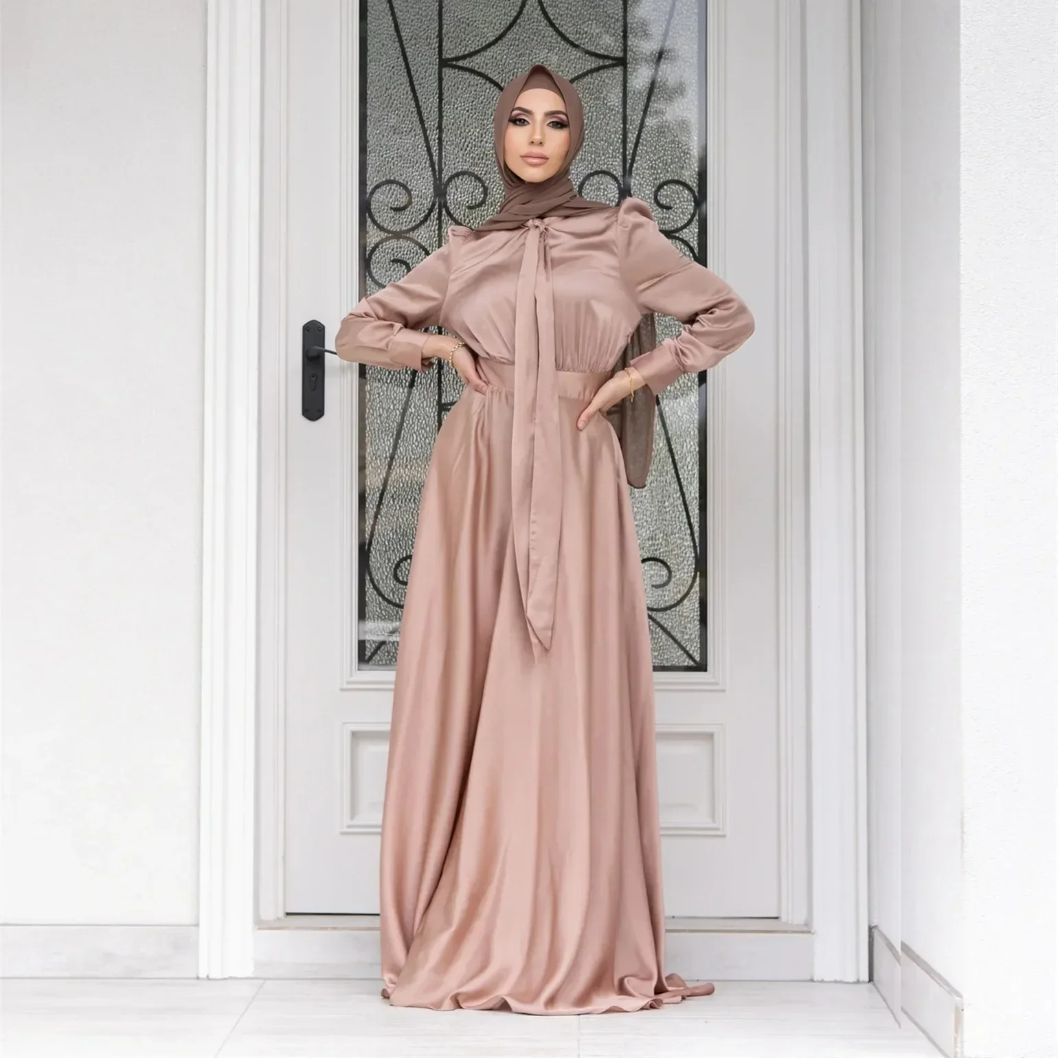 

Women Satin Dress Europe Fashion Muslim Dress Fashion Robes Muslim Abaya Solid Color Women Dress Long Sleeve Pullover Vestidos
