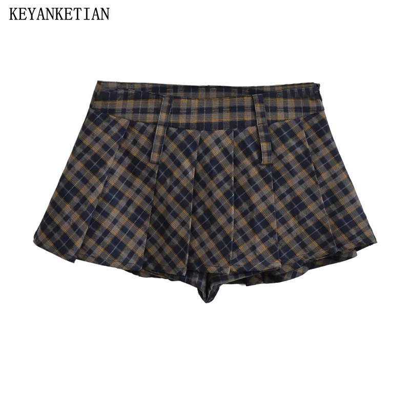 

KEYANKETIAN 2024 New Launch Women Low Rise Diamond Plaid Pleated Skirt Retro Y2K Hot Sweet Summer Side Zipper A-Line Mini Skort