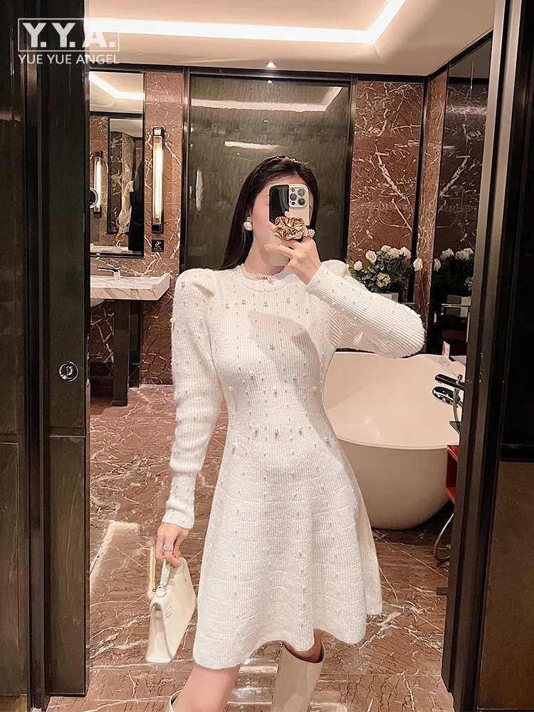 

Women White Knitted Dress Fashion Puff Long Sleeve Spring Autumn A-Line Dresses O-Neck Beading Slim Fit High Waist Short Dresses