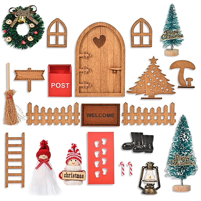 

1 Set 1:12 Dollhouse Miniature Christmas Decor Fairy Door Elf Doll Fence Xmas Tree Kerosene Lamp Model Doll House Accessories