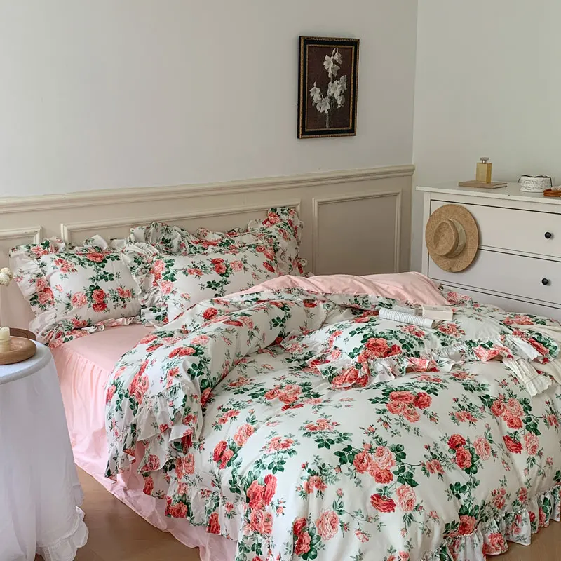NC Set Biancheria da Letto Queen King Size Floreale, Set Copripiumino Matrimoniale Rosa, con Lenzuolo con Angoli Set Copripiumino Invernale Morbido Caldo Flanella Doppia Taglia
