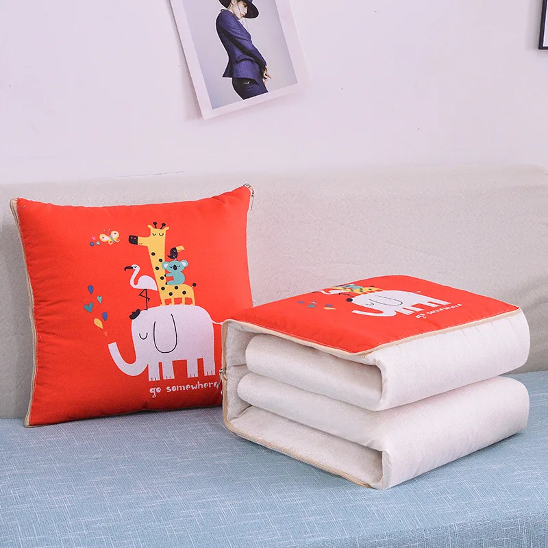 2 In 1 Pillow Travel Quilt Blanket Cartoon Thick Throw Pillow Portable Foldable Air Conditioner Cushion Blanket Car Sofa Office