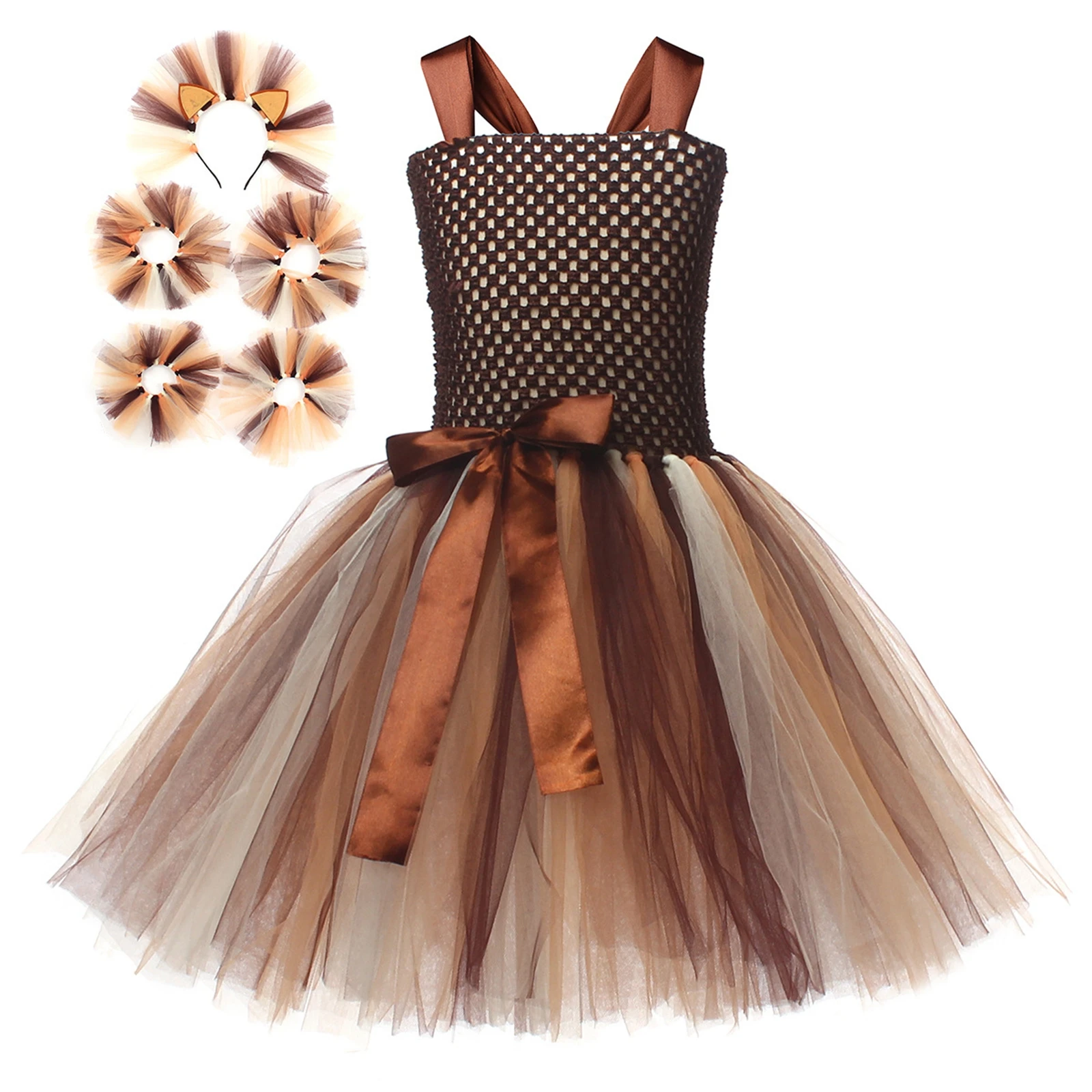 2025 New Fashion Lion Costume for Girls Deluxe Sleeveless Tulle Dress with Headband Set Halloween Cosplay Outfit