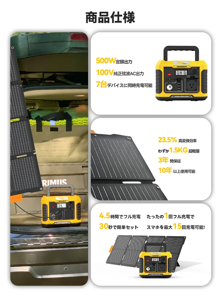 TogoPower ポータブル電源 500W 瞬間最大1000W ソーラーパネル セット