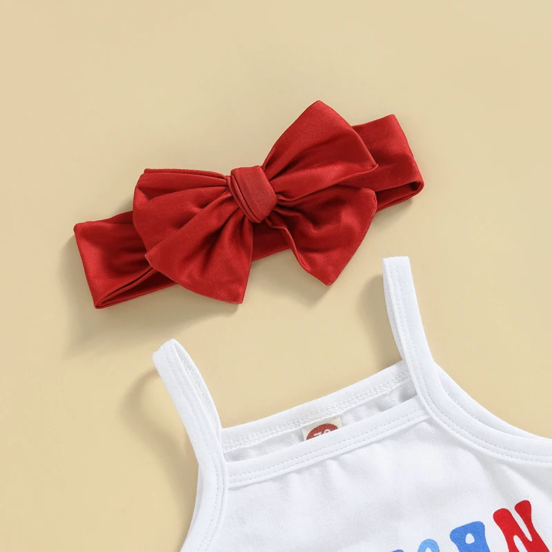 

Newborn Independence Day Patriotic Baby Girl Clothes Sleeveless Romper Stripe Stars Flared Pant Set With Headband
