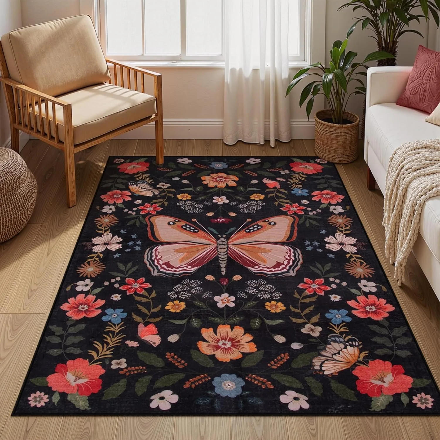 Machine Washable Rugs Soft Non Slip Pink Carpet for Living Room Butterfly Floral Print Floor Mat Bedroom Bedside Plush Rug Ковер 2