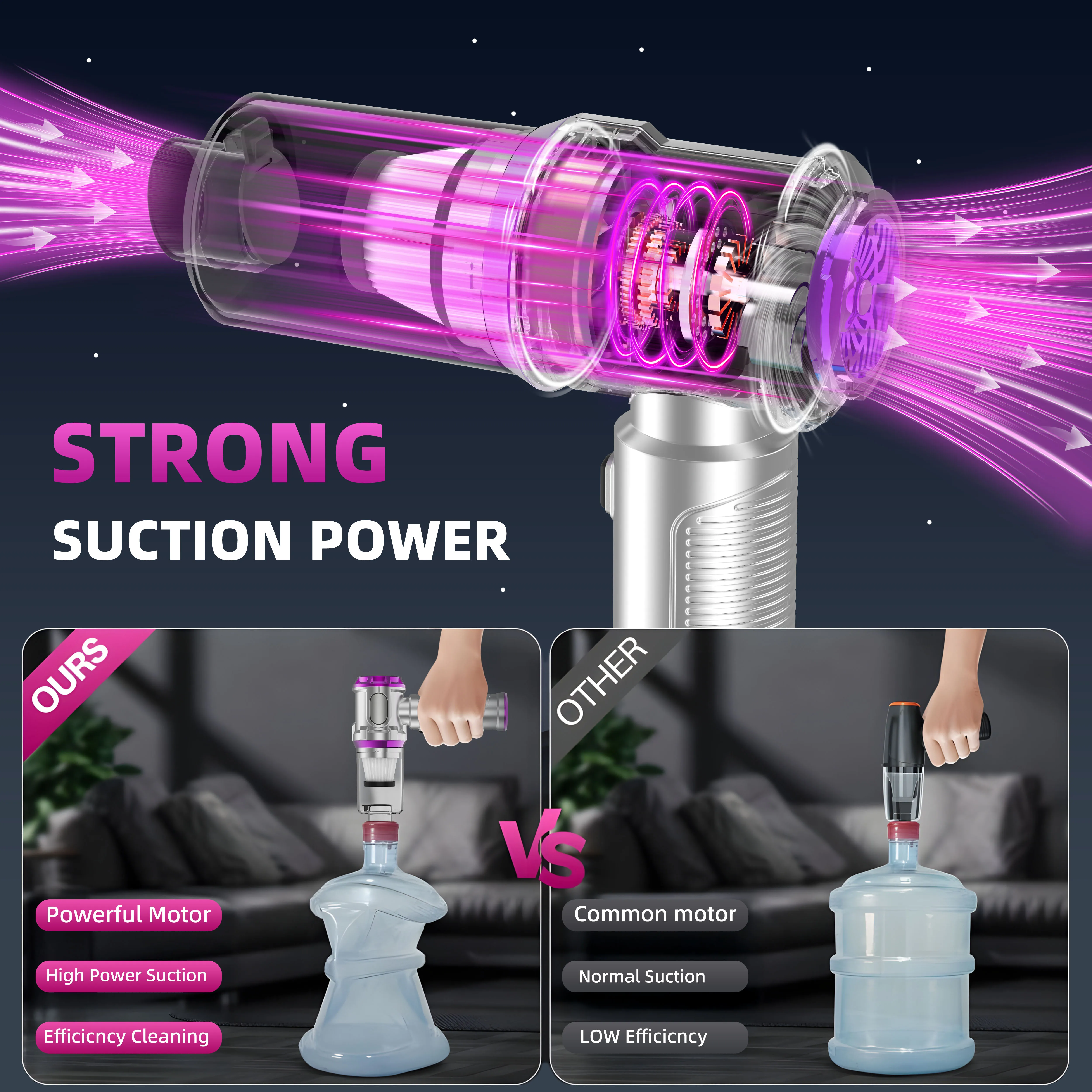 Portable Cordless Car Vacuum Cleaner & Air Duster - 16000Pa Powerful 130W, 5000mAh Battery, 8 Nozzles For Car, Home, Pet Hair - View #3