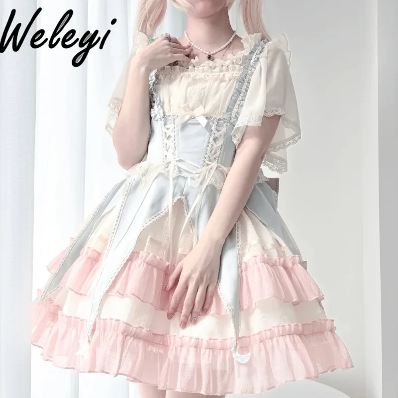 

Lolita Sweet Womens for Dresses 2024 Fashion Summer Clothing New Cute Flying Short Sleeve Bow Pink Rojita Pleated Princess Dress