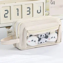 Spacious Multi - Layered Pencil Case with Transparent Front Pocket and Adorable Design (Beige)