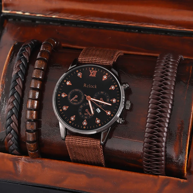 New Men Watch Luxury Bracelet Set Fashion Business Brown Nylon Quartz Wrist  Watches for Men Gift Set Relogio Masculino
