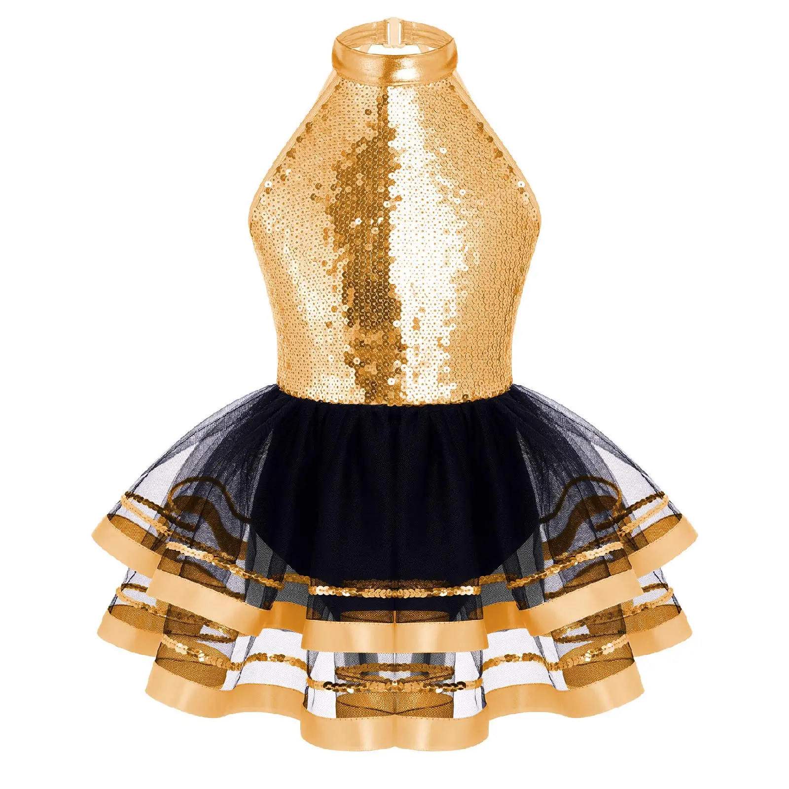 Kids Girls Glitter Sequins Halter Ballet Dress Dance Tutu Child Gymnastics Leotard Modern Latin Jazz Dancing Performance Costume