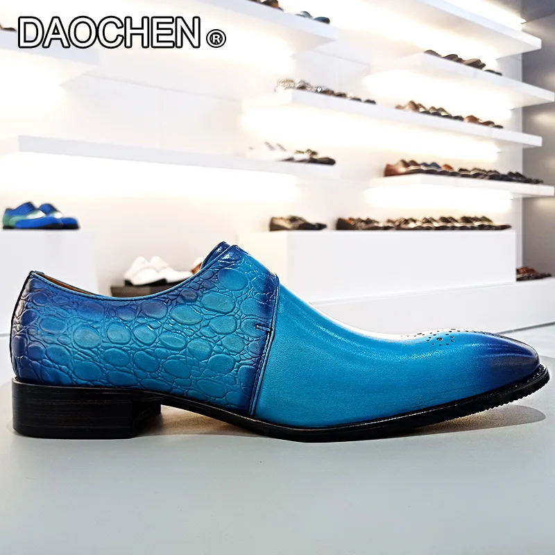 LUXURY BRAND MEN GENUINE LEATHER SHOES BLUE BUCKLE STRAP LOAFERS CASUAL DRESS MEN SHOES WEDDING PARTY MONK SHOES FOR MEN