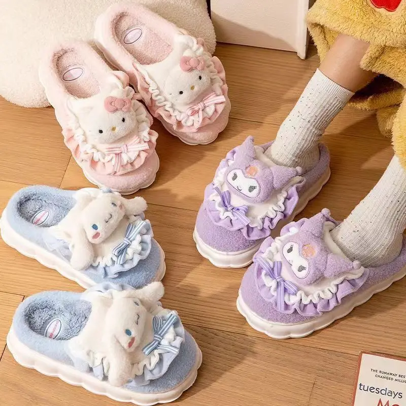 

Sanrio Hello Kitty Cinnamoroll Kuromi Home Fuzzy Slipper My Melody Yk2 Women Winter Plush Non Slip Slippers Girl Cute Flat Shoes