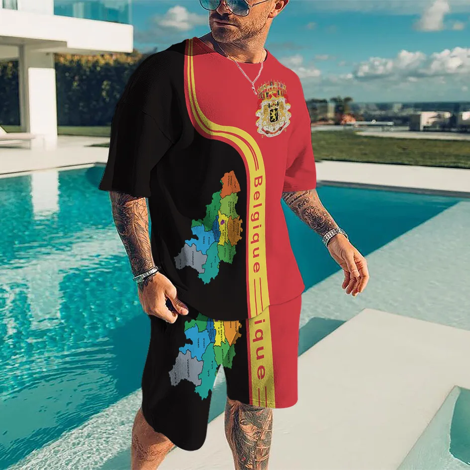 New summer men's sportswear men's logo clothing geometric print T-shirt + shorts suit men's