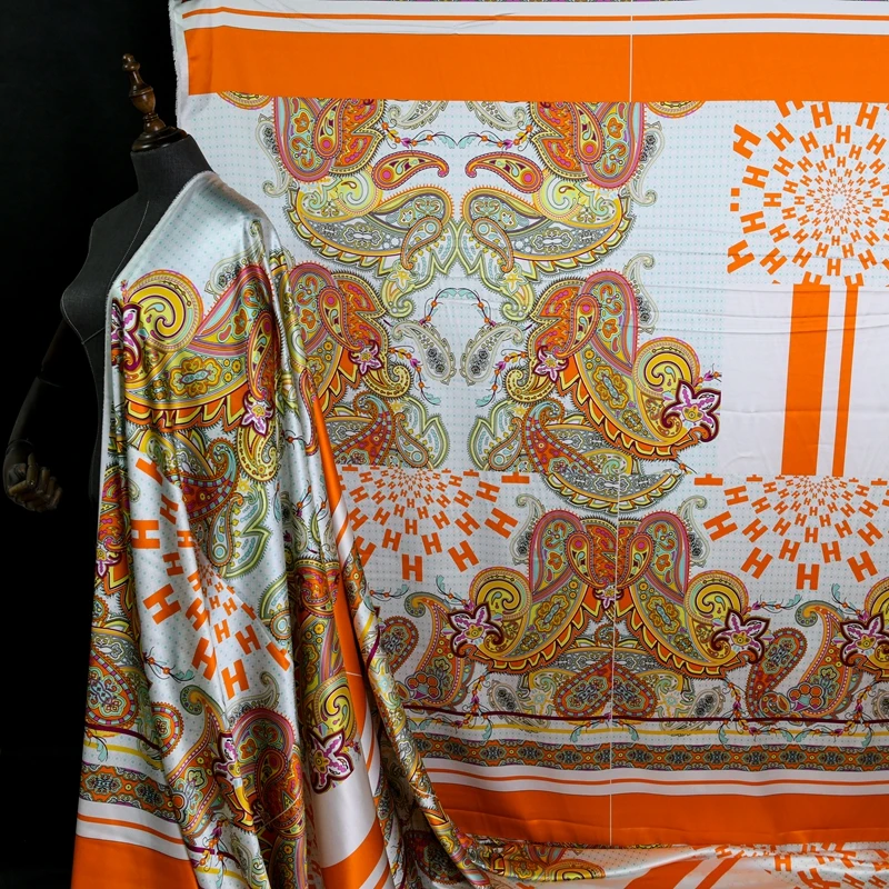 

Оранжевая эластичная атласная шелковая ткань с принтом, ширина 138 см, 19 Момми, материал спандекс, ткань для костюма, платья, швейный материал