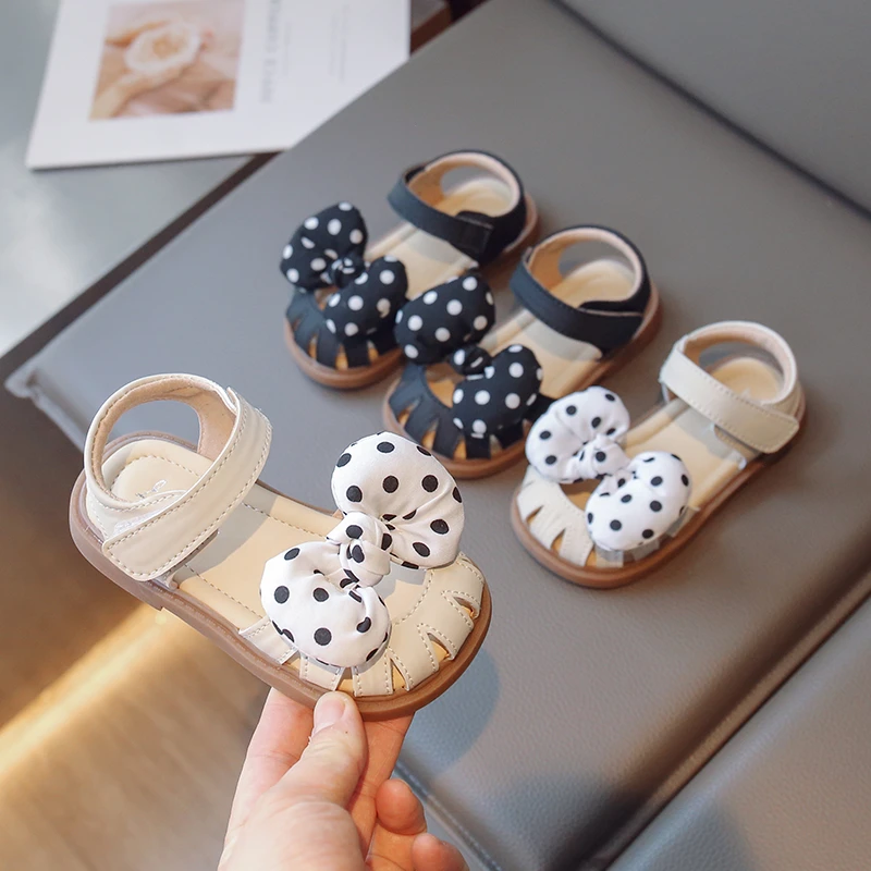 Girls Sandals Children Fashion Polka Dot Printing Bow Peep-toe Kids Shoes 2023 Simple Cute Princess Baby First Walker Shoes New