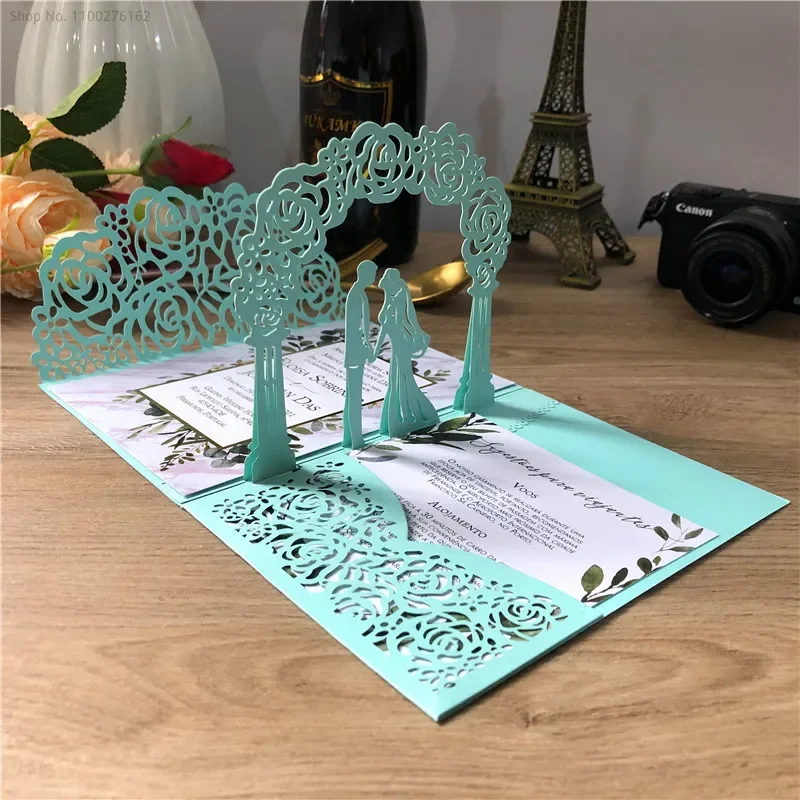 (10 pieces/lot) 3D Pop-Up White Wedding Invitation Card Tti-folded Laser Cut Pocket Bride & Groom Greeting Invite Cards