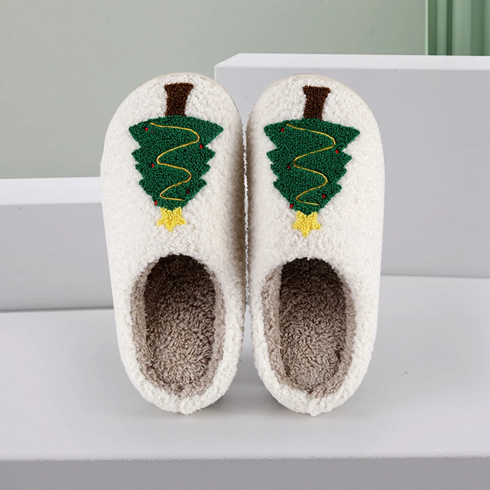 Christmas Tree Plush Slippers Warm Slip-on House Shoes Comfortable Flat Thermal Slippers Fluffy Home for Autumn Winter