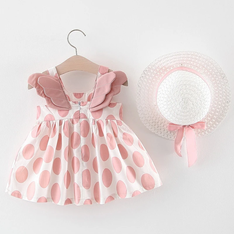 

Летнее платье для маленьких девочек, праздничное платье принцессы с крыльями сзади, милые платья для маленьких девочек, хлопковая одежда для младенцев, отправка шапки, 2 предмета