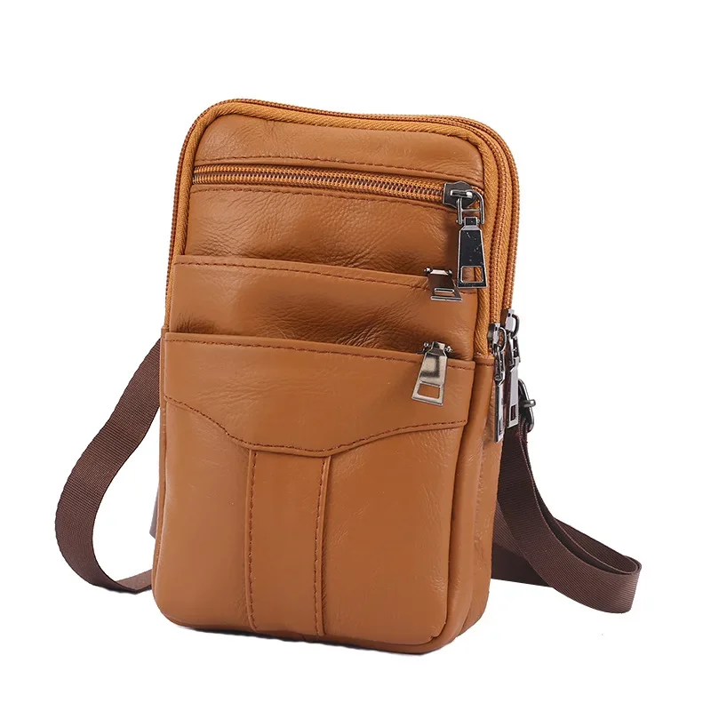 

New Men's Genuine Leather Waist Bag with Multiple Layers Business Work Portable Mini Phone Shoulder Bag for Men