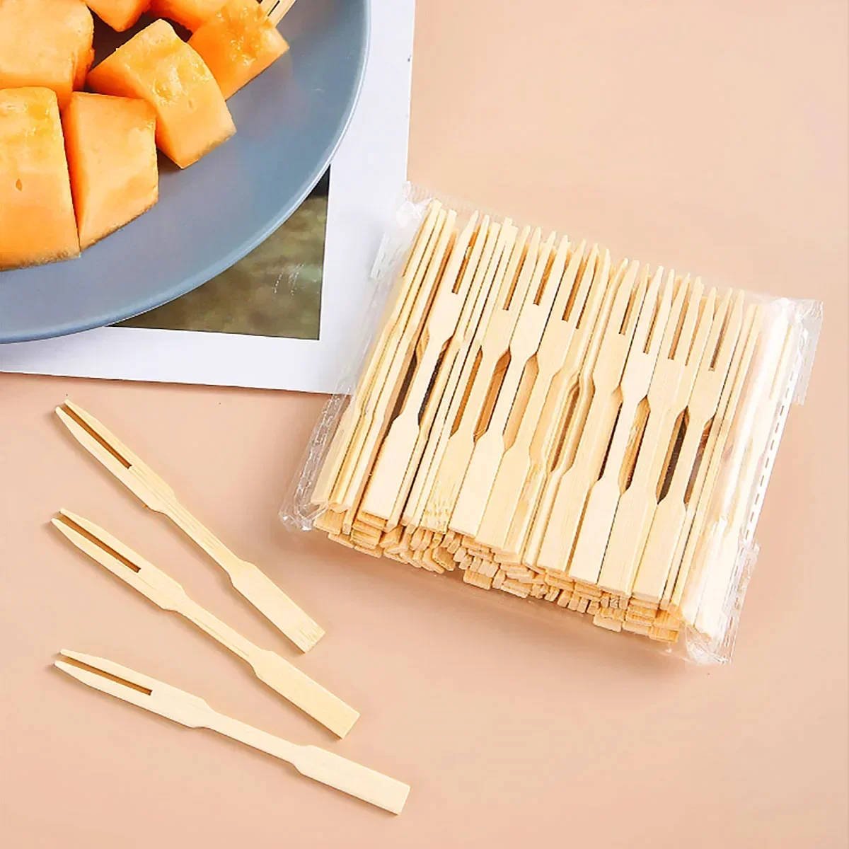 80pcs Disposable Bamboo Fruit Fork for Cake and Dessert