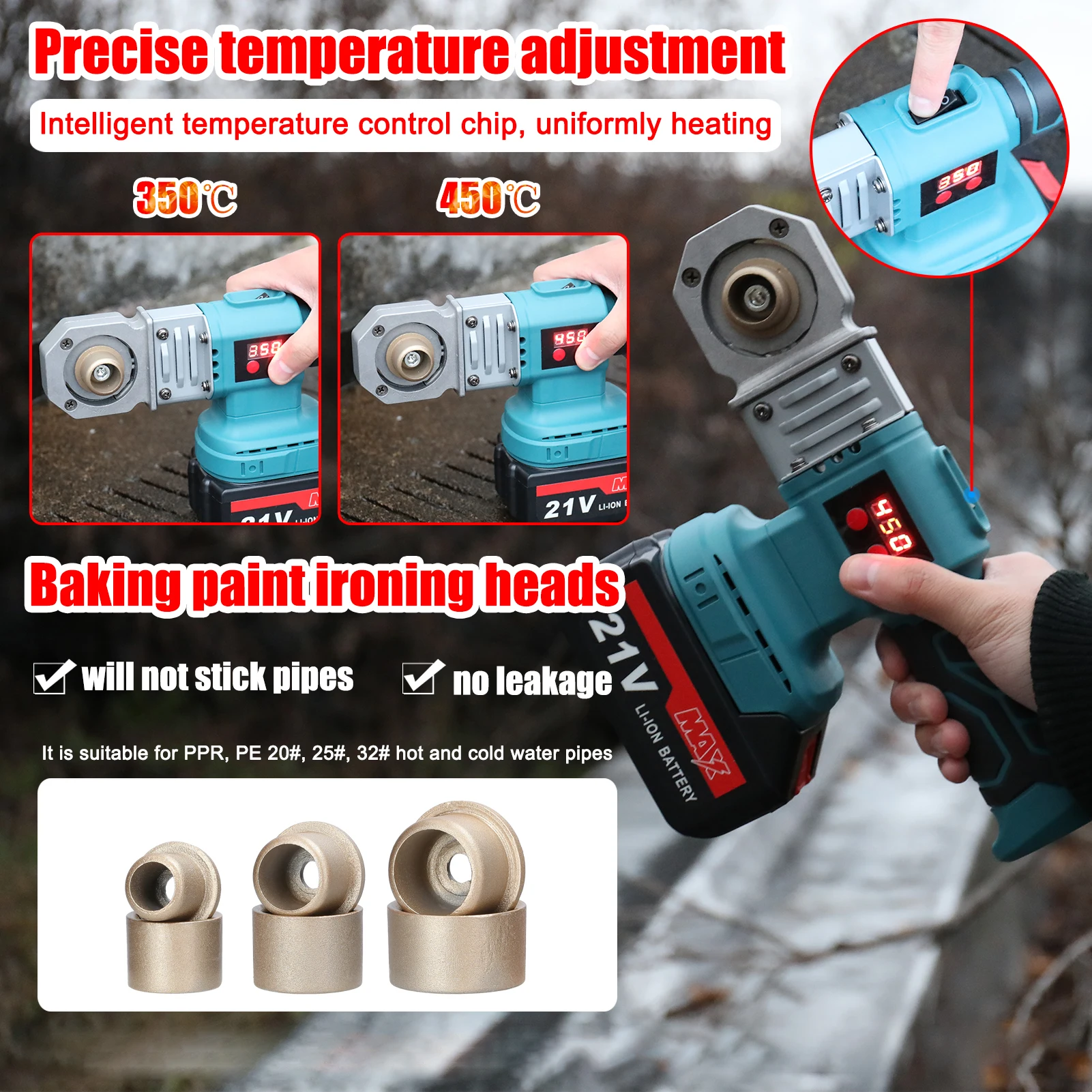 21V Lithium Power Water Pipes Melting Device 350-450W Household PPR Welding Machine with 20mm 25mm 32mm Replacement Heads 3