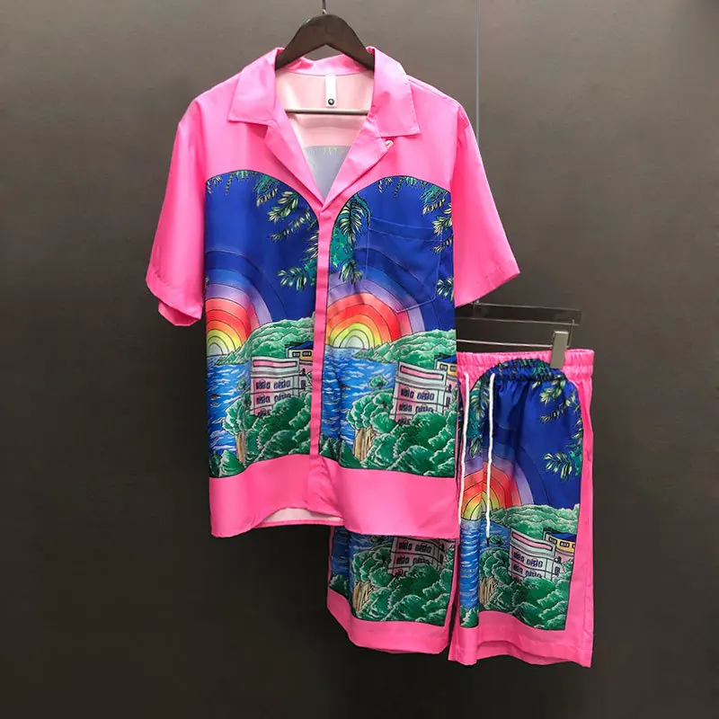 

Summer Hip Hop Casual Beach Holiday Short Sleeve Suit Hawaiian Shirt Streetwear Pattern Shirts Streetwear Men Tracksuit Men Set