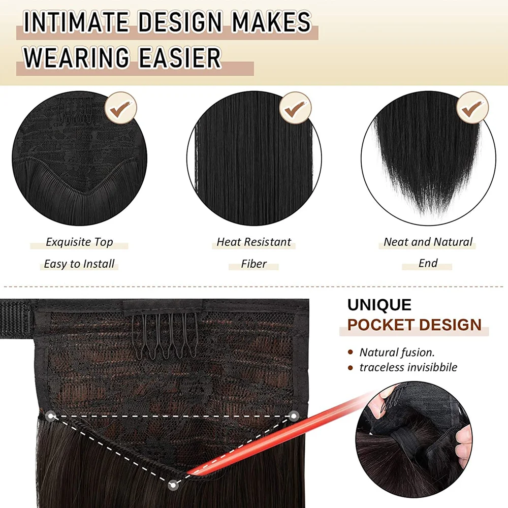 24 Inch Long Straight Wrap Around Synthetic Ponytails Hair Piece Natural Color Soft Extensions Hairpieces for Women Daily Use