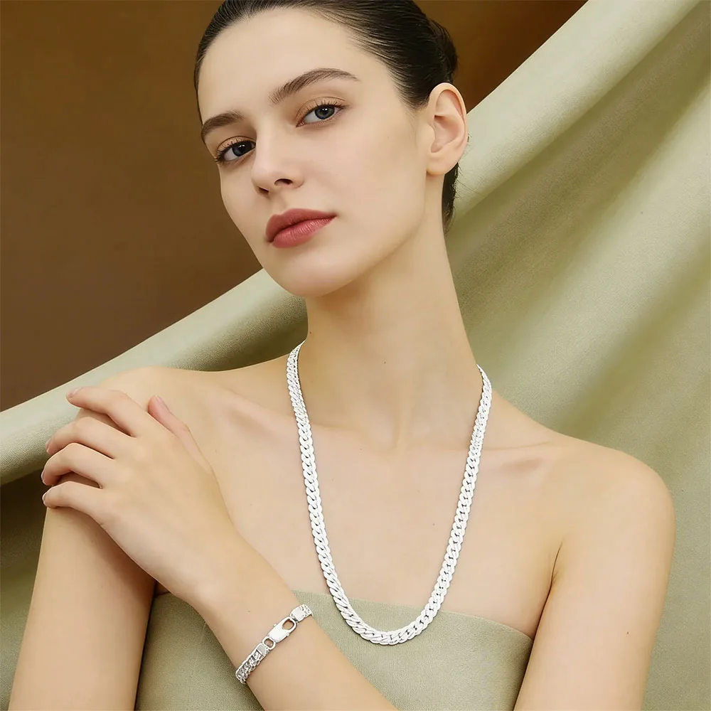 925A  사이드 체인 목걸이와 팔찌 세트, 유니섹스 펜던트가 특징으로, 웨딩 주얼리로 이상적입니다.