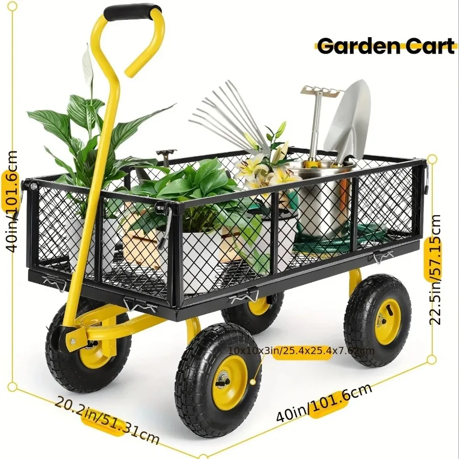 Heavy Duty 1100 lb Mesh Steel Garden Cart Folding Multifunctional Black Detachable Sides Tires