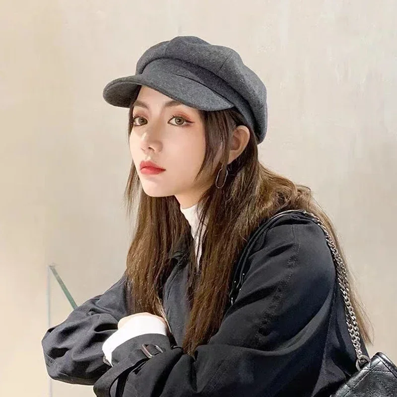 Solid Color Woolen Fashion Beret Autumn Winter Outdoor Cotton Hat Windproof Octagonal Hat Unisex Painter Hats Caps